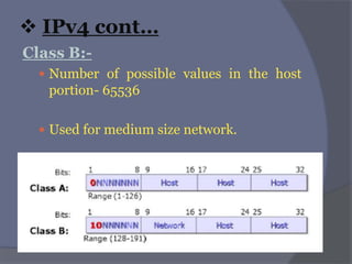  IPv4 cont…
Class B:-
 Number of possible values in the host
portion- 65536
 Used for medium size network.
 