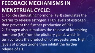 FEEDBACK MECHANISMS IN
MENSTRUAL CYCLE:
1. Follicle stimulating hormone (FSH) stimulates the
ovaries to release estrogen. High levels of estrogen
then prevent the further production of FSH.
2. Estrogen also stimulates the release of luteinizing
hormone (LH) from the pituitary gland, which in
turn controls the production of progesterone. High
levels of progesterone then inhibit the further
release of LH.
 