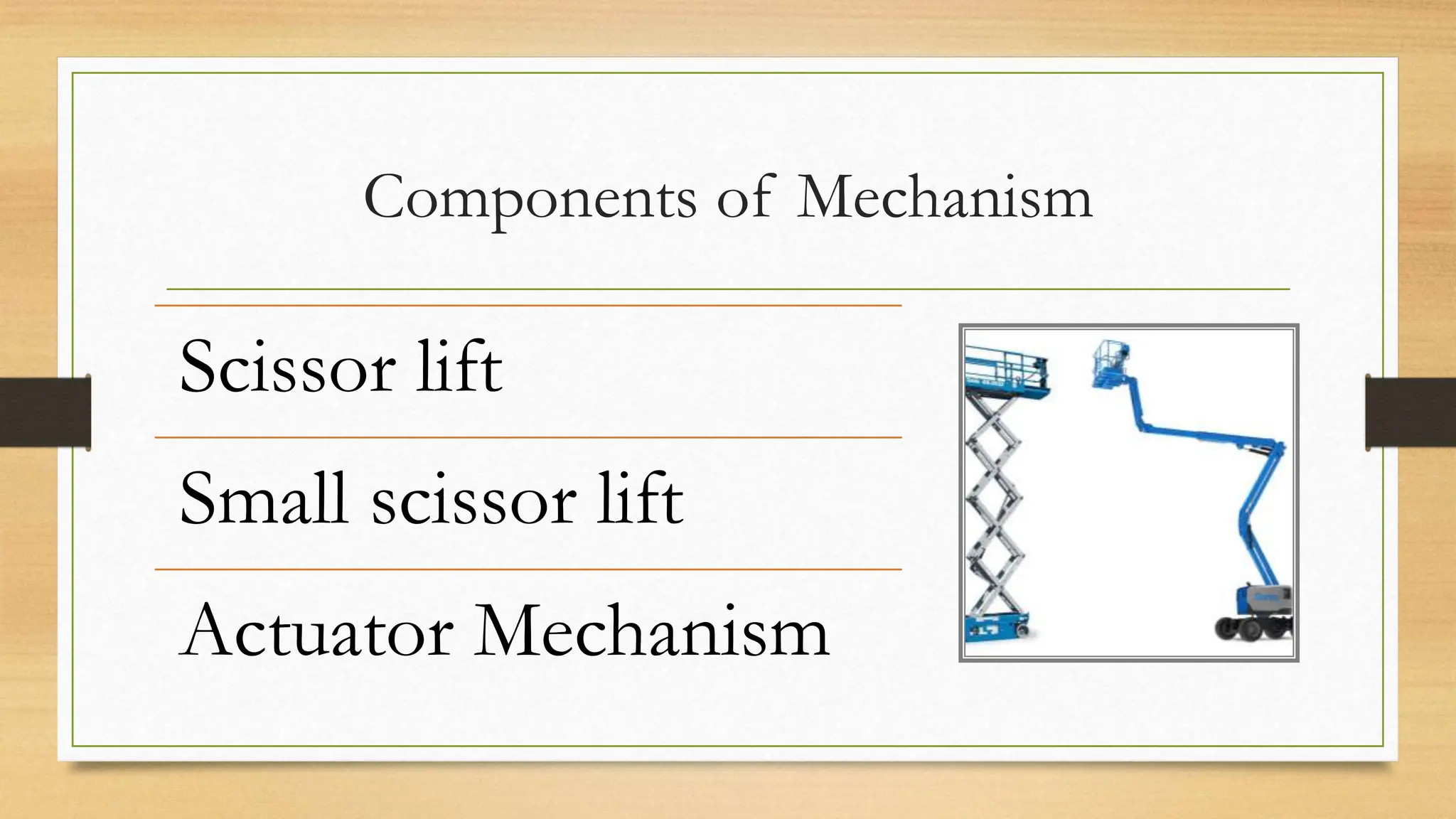 Components of Mechanism
Scissor lift
Small scissor lift
Actuator Mechanism