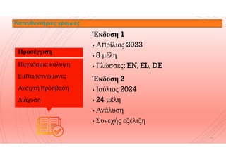 Κατευθυντήριες γραμμές
Έκδοση 1
• Α̟ρίλιος 2023
• 8 μέλη
• Γλώσσες: EN, EL, DE
Έκδοση 2
Προσέγγιση
Παγκόσμια κάλυψη
Εμ̟ειρογνώμονες
10
Έκδοση 2
• Ιούλιος 2024
• 24 μέλη
• Ανάλυση
• Συνεχής εξέλιξη
Ανοιχτή ̟ρόσβαση
Διάχυση
 