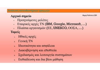 11
Αρχικό σημείο
 Προηγούμενες μελέτες
 Εταιρικές αρχές ΤΝ (IBM, Google, Microsoft, …)
 Πλαίσια οργανισμών (ΕΕ, UNESCO, ΟΟΣΑ, …)
Τομείς
Ανάλυση κατευθυντήριων γραμμών
Πηγή: Fitsilis et al. 2024
1. Ηθικές αρχές
2. Γενική ΤΝ
3. Ιδιωτικότητα και ασφάλεια
4. Διακυβέρνηση και ε̟ο̟τεία
5. Σχεδιασμός και λειτουργία συστημάτων
6. Εκ̟αίδευση και δια βίου μάθηση
 