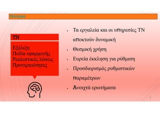  Τα εργαλεία και οι υ̟ηρεσίες ΤΝ
α̟οκτούν δυναμική
 Θεσμική χρήση
Εξέλιξη
Πεδία εφαρμογής
Κίνητρο
TN
 Ευρεία έκκληση για ρύθμιση
 Προσδιορισμός ρυθμιστικών
̟αραμέτρων
 Aνοιχτά ερωτήματα
3
Ρεαλιστικές λύσεις
Προτεραιότητες
 