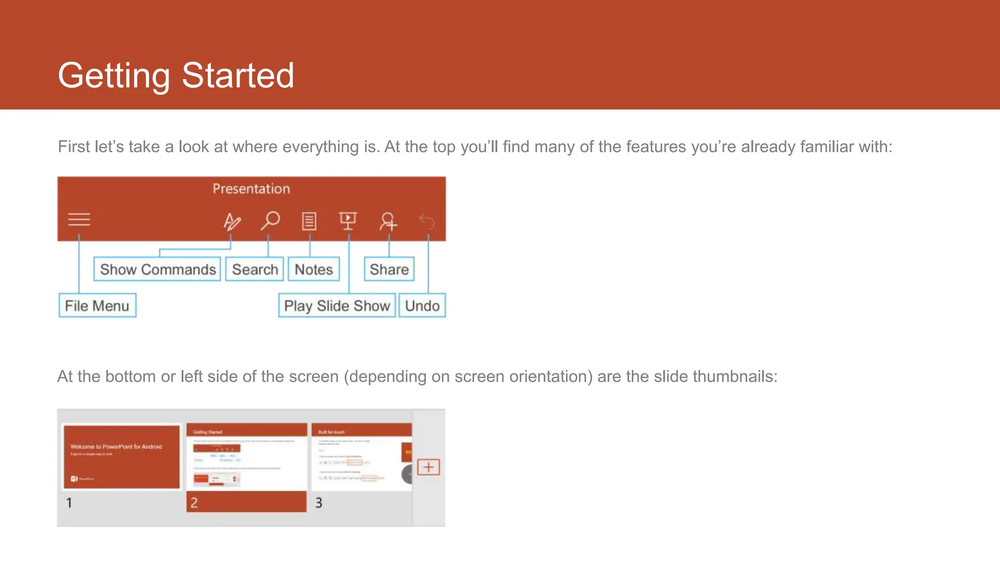 Getting Started
First let’s take a look at where everything is. At the top you’ll find many of the features you’re already familiar with:
At the bottom or left side of the screen (depending on screen orientation) are the slide thumbnails:
 