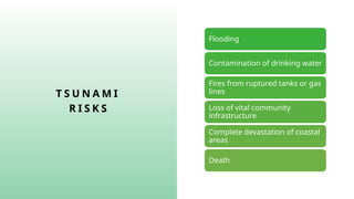 T S U N A M I
R I S K S
Flooding
Contamination of drinking water
Fires from ruptured tanks or gas
lines
Loss of vital community
infrastructure
Complete devastation of coastal
areas
Death
 