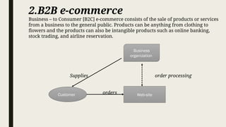 2.B2B e-commerce
Business – to Consumer [B2C] e‐commerce consists of the sale of products or services
from a business to the general public. Products can be anything from clothing to
flowers and the products can also be intangible products such as online banking,
stock trading, and airline reservation.
Supplies order processing
orders
Business
organization
Web-site
Customer
 