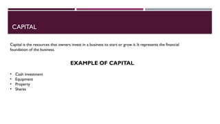 CAPITAL
Capital is the resources that owners invest in a business to start or grow it. It represents the financial
foundation of the business.
EXAMPLE OF CAPITAL
• Cash investment
• Equipment
• Property
• Shares
 