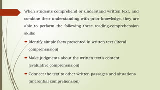 When students comprehend or understand written text, and
combine their understanding with prior knowledge, they are
able to perform the following three reading-comprehension
skills:
 Identify simple facts presented in written text (literal
comprehension)
 Make judgments about the written text’s content
(evaluative comprehension)
 Connect the text to other written passages and situations
(inferential comprehension)
 