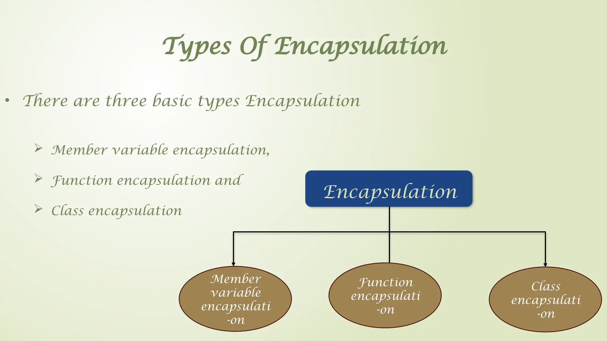 Types Of Encapsulation
• There are three basic types Encapsulation
 Member variable encapsulation,
 Function encapsulation and
 Class encapsulation
Encapsulation
Member
variable
encapsulati
-on
Function
encapsulati
-on
Class
encapsulati
-on
 