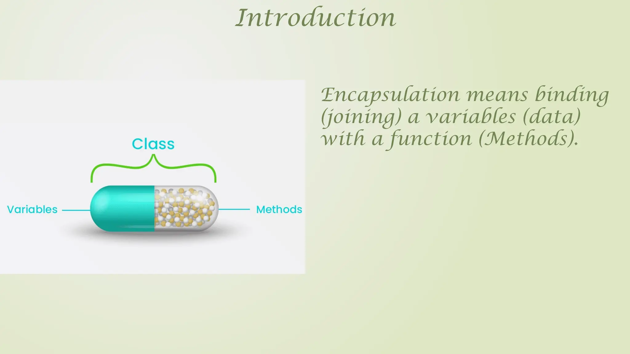 Introduction
Encapsulation means binding
(joining) a variables (data)
with a function (Methods).
 