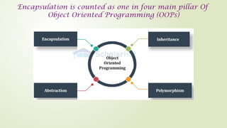 Encapsulation is counted as one in four main pillar Of
Object Oriented Programming (OOPs)
 