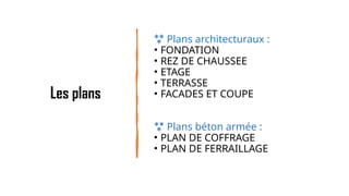 Les plans
 Plans architecturaux :
• FONDATION
• REZ DE CHAUSSEE
• ETAGE
• TERRASSE
• FACADES ET COUPE
 Plans béton armée :
• PLAN DE COFFRAGE
• PLAN DE FERRAILLAGE
 