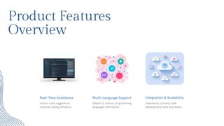 Product Features
Overview
Real-Time Assistance
Instant code suggestions
improve coding efficiency.
Multi-Language Support
Adapts to various programming
languages effortlessly.
Integration & Scalability
Seamlessly connects with
development tools and teams.
 