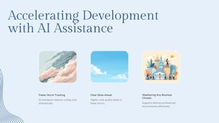 Accelerating Development
with AI Assistance
Faster Storm Tracking
AI assistance reduces coding time
dramatically.
Clear Skies Ahead
Higher code quality leads to
fewer errors.
Weathering Any Business
Climate
Supports diverse professional
environments effectively.
 