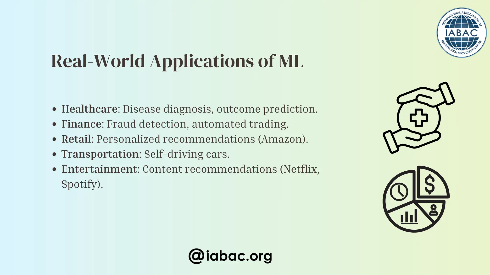 Healthcare: Disease diagnosis, outcome prediction.
Finance: Fraud detection, automated trading.
Retail: Personalized recommendations (Amazon).
Transportation: Self-driving cars.
Entertainment: Content recommendations (Netflix,
Spotify).
iabac.org
Real-World Applications of ML
 