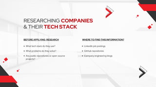 RESEARCHING COMPANIES
& THEIR TECH STACK
BEFORE APPLYING, RESEARCH
What tech stack do they use?
What problems do they solve?
Any public repositories or open-source
projects?
WHERE TO FIND THIS INFORMATION?
LinkedIn job postings
GitHub repositories
Company engineering blogs
 