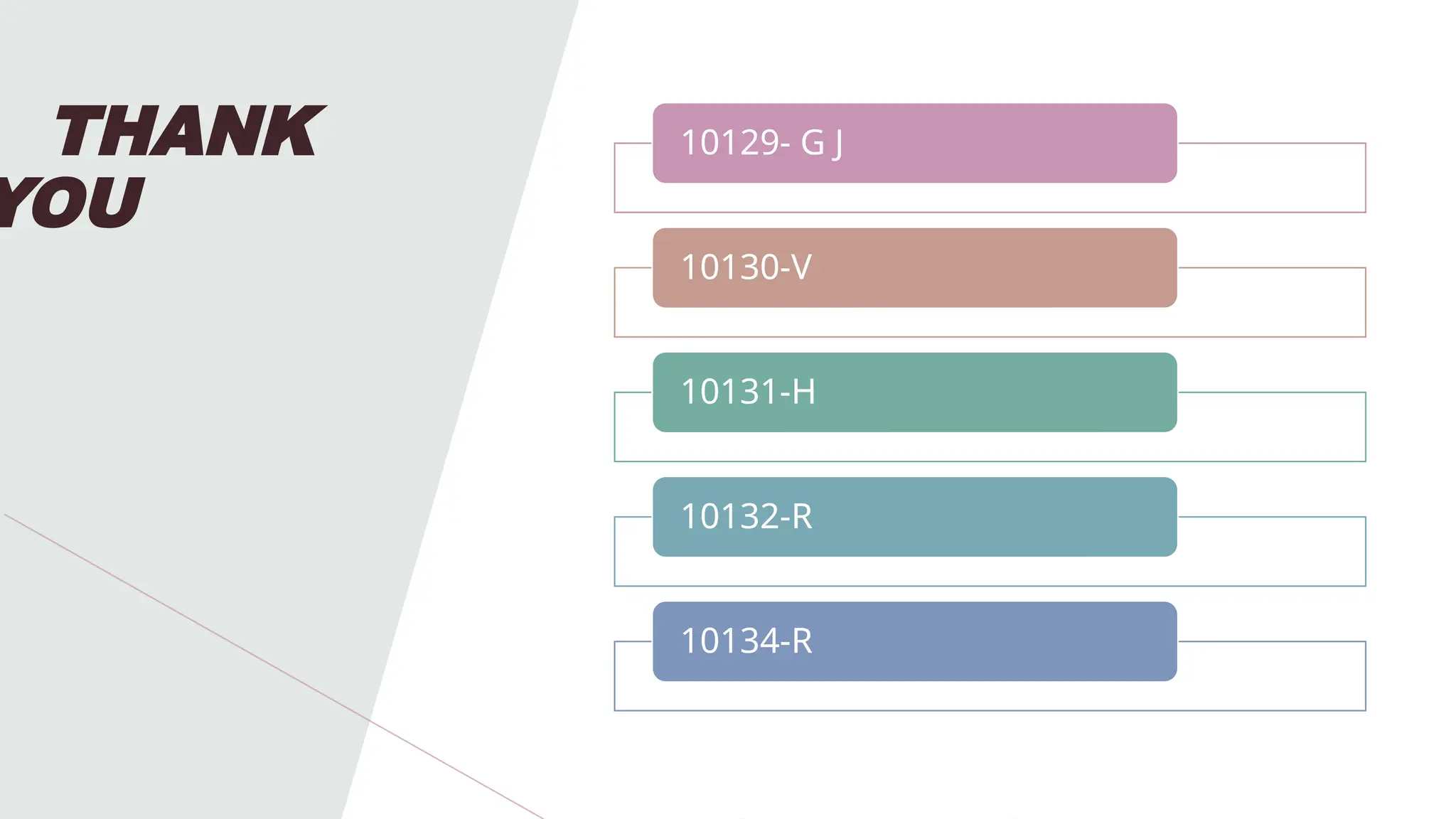 THANK
YOU
10129- G J
10130-V
10131-H
10132-R
10134-R
 