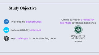 Study Objective
Their coding backgrounds
Code readability practices
Key challenges in understanding code
Online survey of 57 research
scientists in various disciplines
 