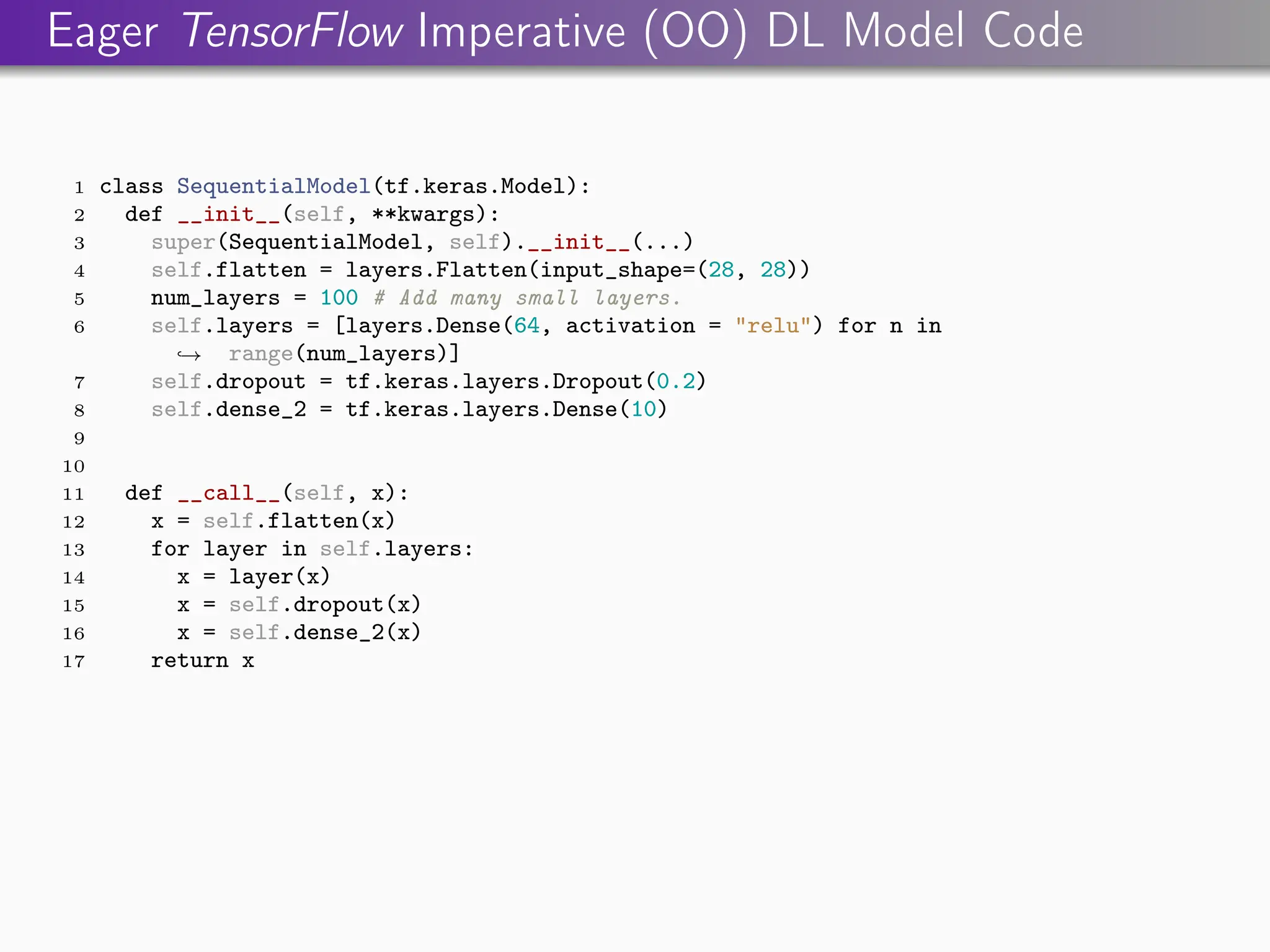 Eager TensorFlow Imperative (OO) DL Model Code
1 class SequentialModel(tf.keras.Model):
2 def __init__(self, **kwargs):
3 super(SequentialModel, self).__init__(...)
4 self.flatten = layers.Flatten(input_shape=(28, 28))
5 num_layers = 100 # Add many small layers.
6 self.layers = [layers.Dense(64, activation = "relu") for n in
range(num_layers)]
,
→
7 self.dropout = tf.keras.layers.Dropout(0.2)
8 self.dense_2 = tf.keras.layers.Dense(10)
9
10
11 def __call__(self, x):
12 x = self.flatten(x)
13 for layer in self.layers:
14 x = layer(x)
15 x = self.dropout(x)
16 x = self.dense_2(x)
17 return x
 