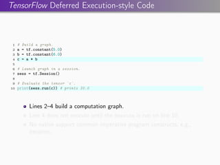 TensorFlow Deferred Execution-style Code
1 # Build a graph.
2 a = tf.constant(5.0)
3 b = tf.constant(6.0)
4 c = a * b
5
6 # Launch graph in a session.
7 sess = tf.Session()
8
9 # Evaluate the tensor `c`.
10 print(sess.run(c)) # prints 30.0
Lines 2–4 build a computation graph.
Line 4 does not execute until the Session is run on line 10.
No native support common imperative program constructs, e.g.,
iteration.
 