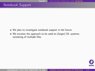 Appendix Static Analysis Refactoring LLMs Notebooks
Notebook Support
We plan to investigate notebook support in the future.
We envision the approach to be used on (larger) DL systems,
consisting of multiple files.
Khatchadourian, Castro Vélez, Bagherzadeh, Jia, Raja Hybridize Functions Imperative DL Refactoring 6 / 6
 
