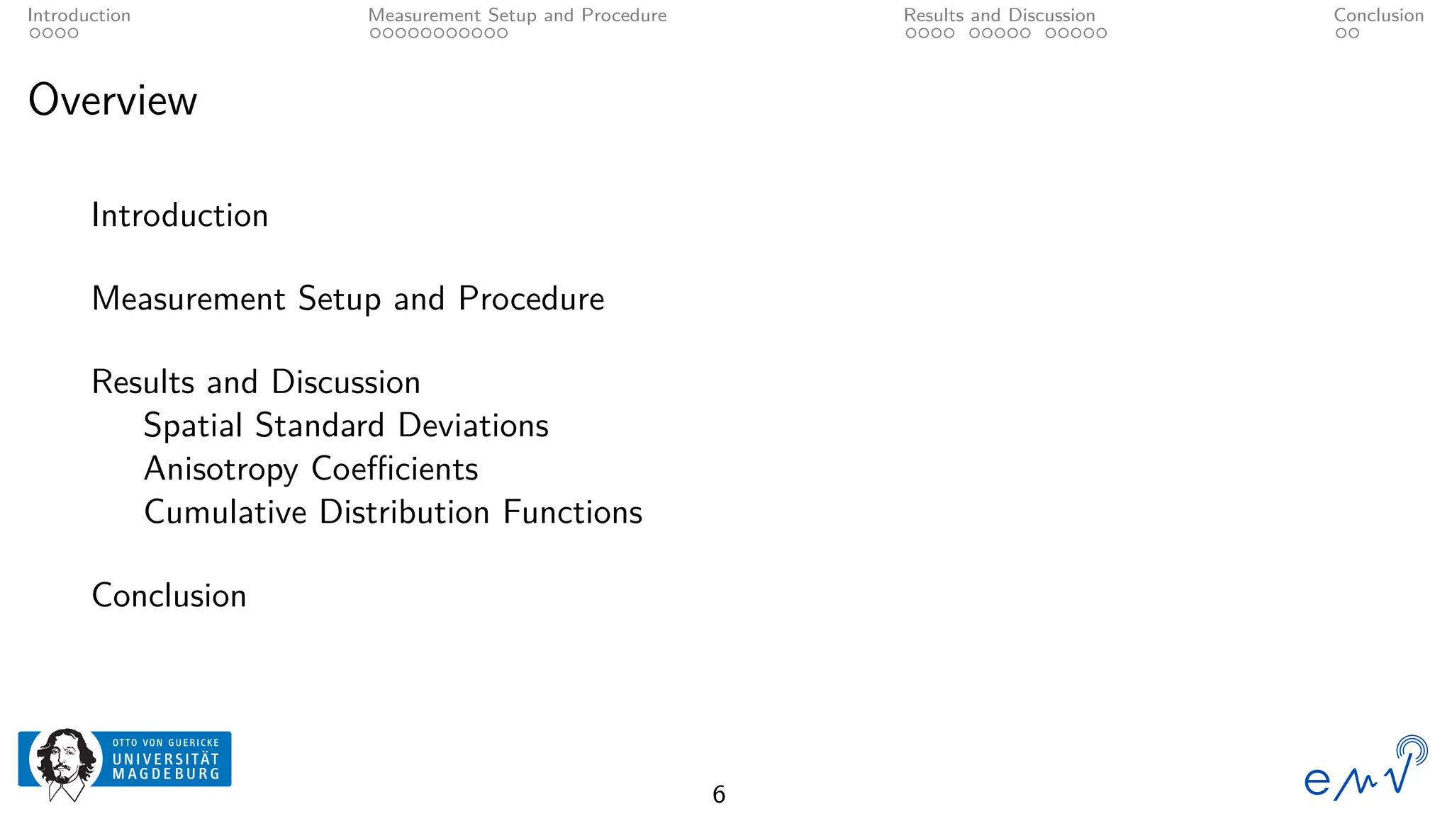 Introduction Measurement Setup and Procedure Results and Discussion Conclusion
Overview
Introduction
Measurement Setup and Procedure
Results and Discussion
Spatial Standard Deviations
Anisotropy Coefficients
Cumulative Distribution Functions
Conclusion
6
 