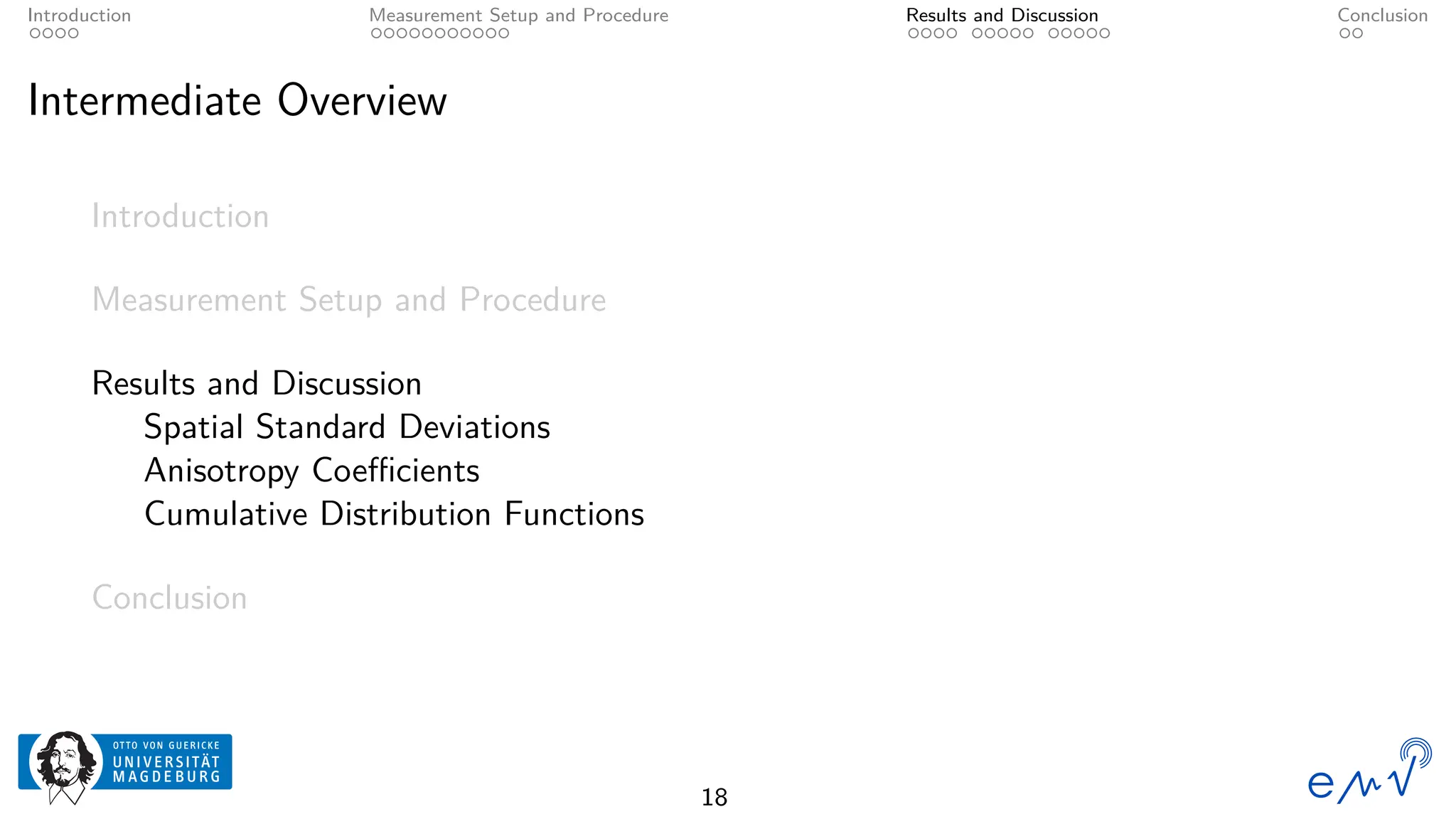 Introduction Measurement Setup and Procedure Results and Discussion Conclusion
Intermediate Overview
Introduction
Measurement Setup and Procedure
Results and Discussion
Spatial Standard Deviations
Anisotropy Coefficients
Cumulative Distribution Functions
Conclusion
18
 