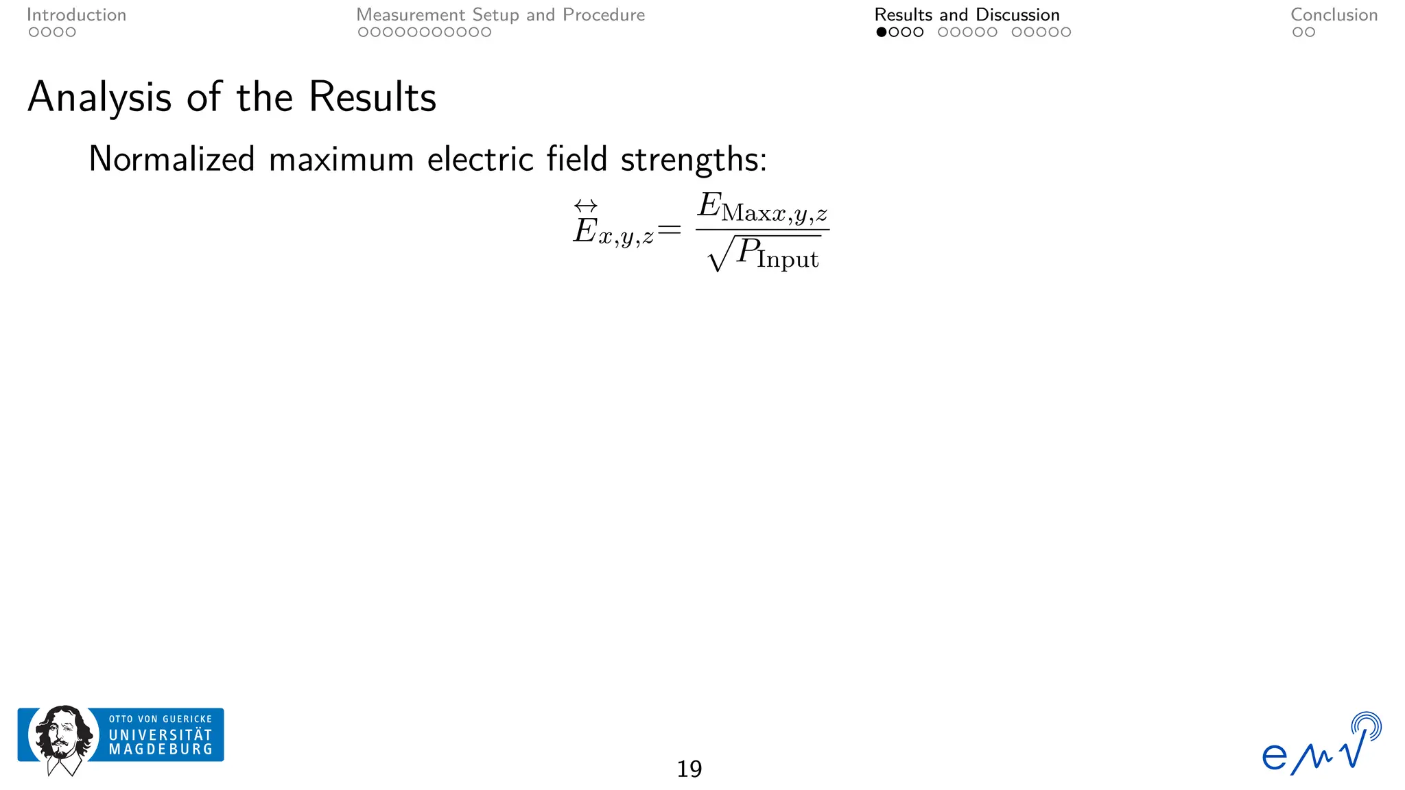 Introduction Measurement Setup and Procedure Results and Discussion Conclusion
Analysis of the Results
Normalized maximum electric field strengths:
↔
Ex,y,z=
EMaxx,y,z
p
PInput
19
 
