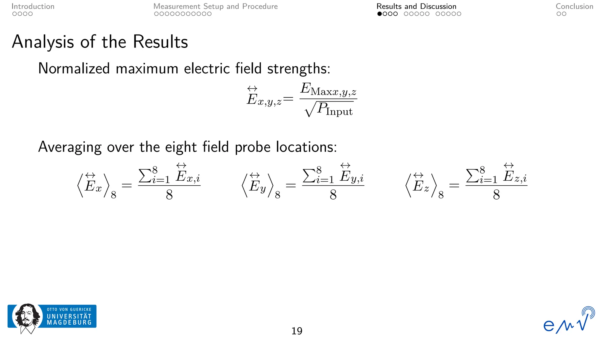 Introduction Measurement Setup and Procedure Results and Discussion Conclusion
Analysis of the Results
Normalized maximum electric field strengths:
↔
Ex,y,z=
EMaxx,y,z
p
PInput
Averaging over the eight field probe locations:
D↔
Ex
E
8
=
P8
i=1
↔
Ex,i
8
D↔
Ey
E
8
=
P8
i=1
↔
Ey,i
8
D↔
Ez
E
8
=
P8
i=1
↔
Ez,i
8
19
 