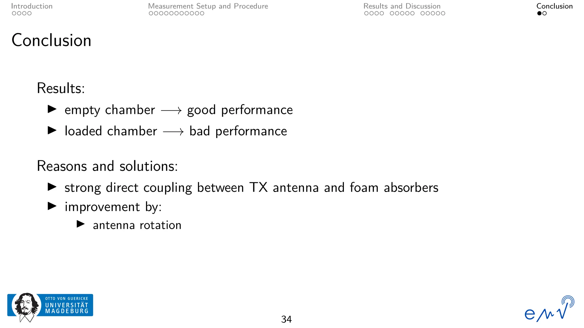 Introduction Measurement Setup and Procedure Results and Discussion Conclusion
Conclusion
Results:
▶ empty chamber −→ good performance
▶ loaded chamber −→ bad performance
Reasons and solutions:
▶ strong direct coupling between TX antenna and foam absorbers
▶ improvement by:
▶ antenna rotation
34
 