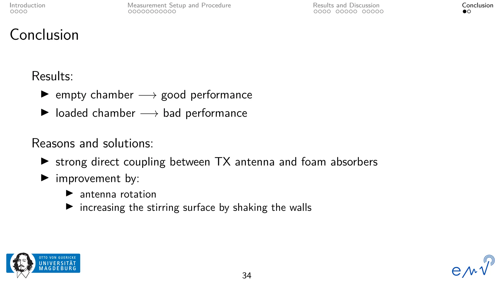 Introduction Measurement Setup and Procedure Results and Discussion Conclusion
Conclusion
Results:
▶ empty chamber −→ good performance
▶ loaded chamber −→ bad performance
Reasons and solutions:
▶ strong direct coupling between TX antenna and foam absorbers
▶ improvement by:
▶ antenna rotation
▶ increasing the stirring surface by shaking the walls
34
 
