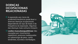 DOENÇAS
OCOPACIONAIS
RELACIONADAS
 A exposição aos riscos de
acidentes/mecânicos pode levar a
diversas doenças ocupacionais,
dependendo do tipo de lesão e da
frequência da exposição. Algumas
das doenças mais comuns incluem:
 Lesões musculoesqueléticas: São
causadas por movimentos
repetitivos, posturas inadequadas
ou sobrecarga de peso, como
tendinites, bursites e lombalgias.
 