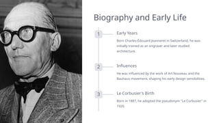 Biography and Early Life
1 Early Years
Born Charles-Édouard Jeanneret in Switzerland, he was
initially trained as an engraver and later studied
architecture.
2 Influences
He was influenced by the work of Art Nouveau and the
Bauhaus movement, shaping his early design sensibilities.
3 Le Corbusier's Birth
Born in 1887, he adopted the pseudonym "Le Corbusier" in
1920.
 