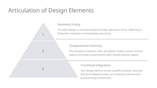 Articulation of Design Elements
1
Geometric Purity
The villa's design is characterized by its simple, geometric forms, reflecting Le
Corbusier's emphasis on functionality and clarity.
2
Compositional Harmony
The interplay of volumes, lines, and planes creates a sense of visual
balance and order, enhancing the villa's overall aesthetic appeal.
3
Functional Integration
Each design element serves a specific purpose, ensuring
that form follows function and creating a cohesive and
practical living environment.
2
1
3
 