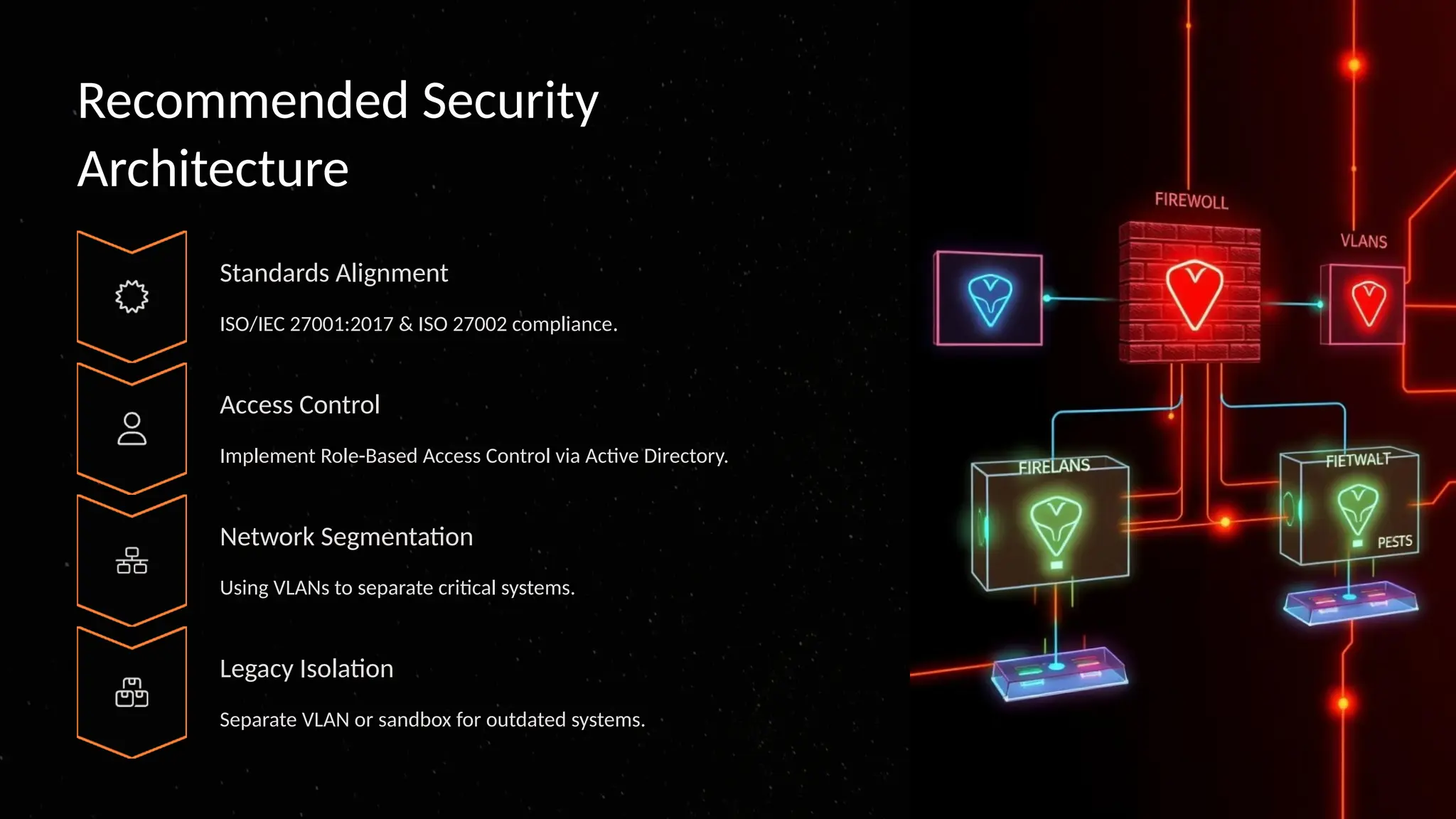 Recommended Security
Architecture
Standards Alignment
ISO/IEC 27001:2017 & ISO 27002 compliance.
Access Control
Implement Role-Based Access Control via Active Directory.
Network Segmentation
Using VLANs to separate critical systems.
Legacy Isolation
Separate VLAN or sandbox for outdated systems.
 