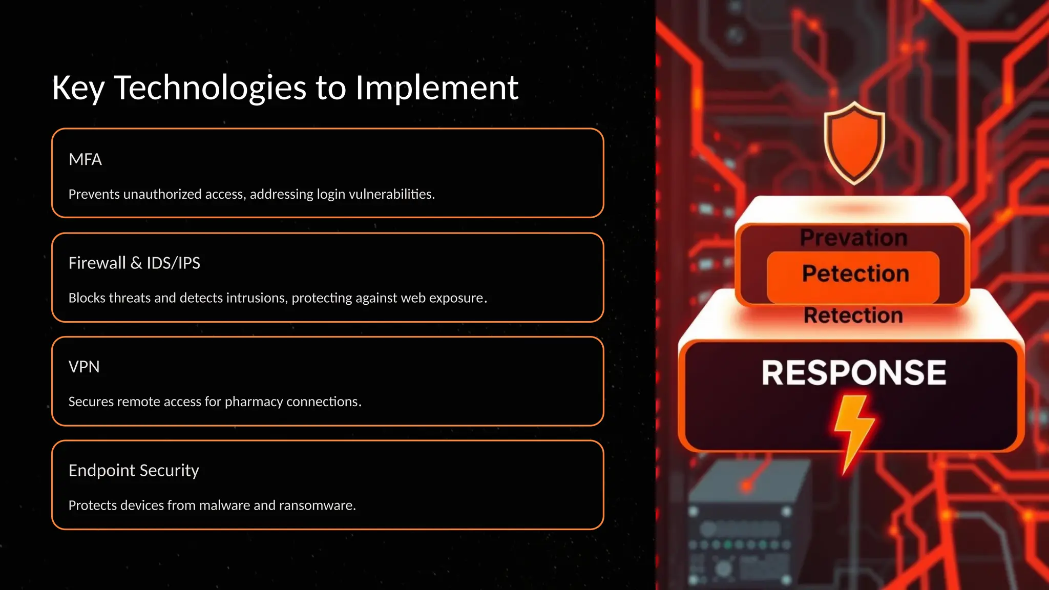 Key Technologies to Implement
MFA
Prevents unauthorized access, addressing login vulnerabilities.
Firewall & IDS/IPS
Blocks threats and detects intrusions, protecting against web exposure.
VPN
Secures remote access for pharmacy connections.
Endpoint Security
Protects devices from malware and ransomware.
 