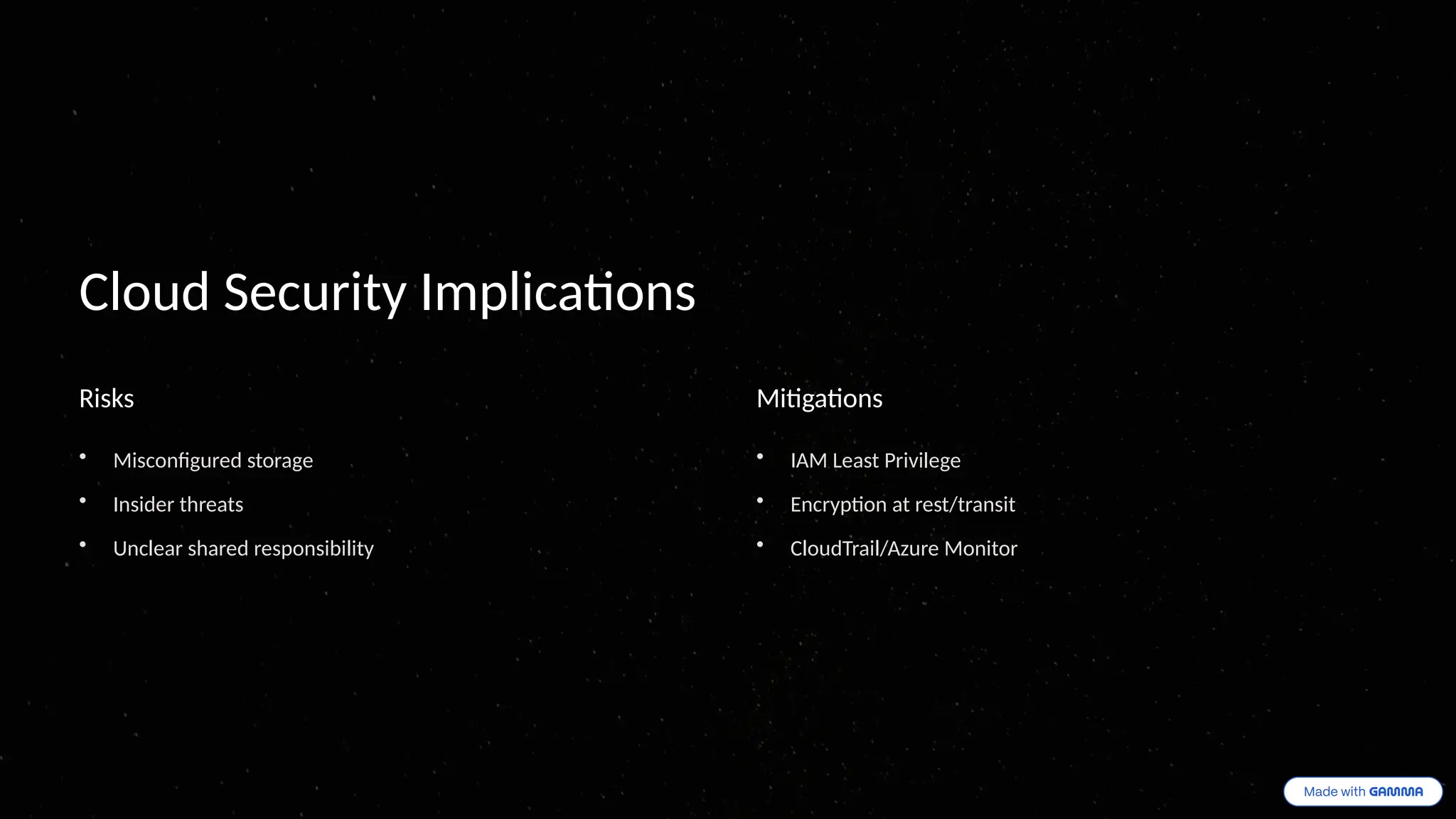 Cloud Security Implications
Risks
• Misconfigured storage
• Insider threats
• Unclear shared responsibility
Mitigations
• IAM Least Privilege
• Encryption at rest/transit
• CloudTrail/Azure Monitor
 