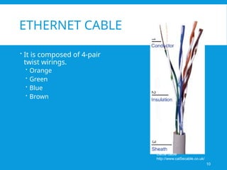 ETHERNET CABLE
 It is composed of 4-pair
twist wirings.
 Orange
 Green
 Blue
 Brown
Cat5e cable
http://www.cat5ecable.co.uk/
10
 