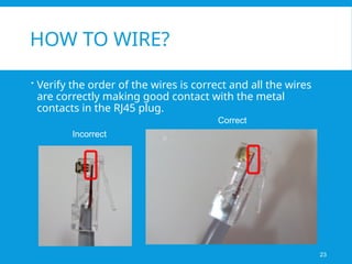 HOW TO WIRE?
 Verify the order of the wires is correct and all the wires
are correctly making good contact with the metal
contacts in the RJ45 plug.
23
Incorrect
Correct
 