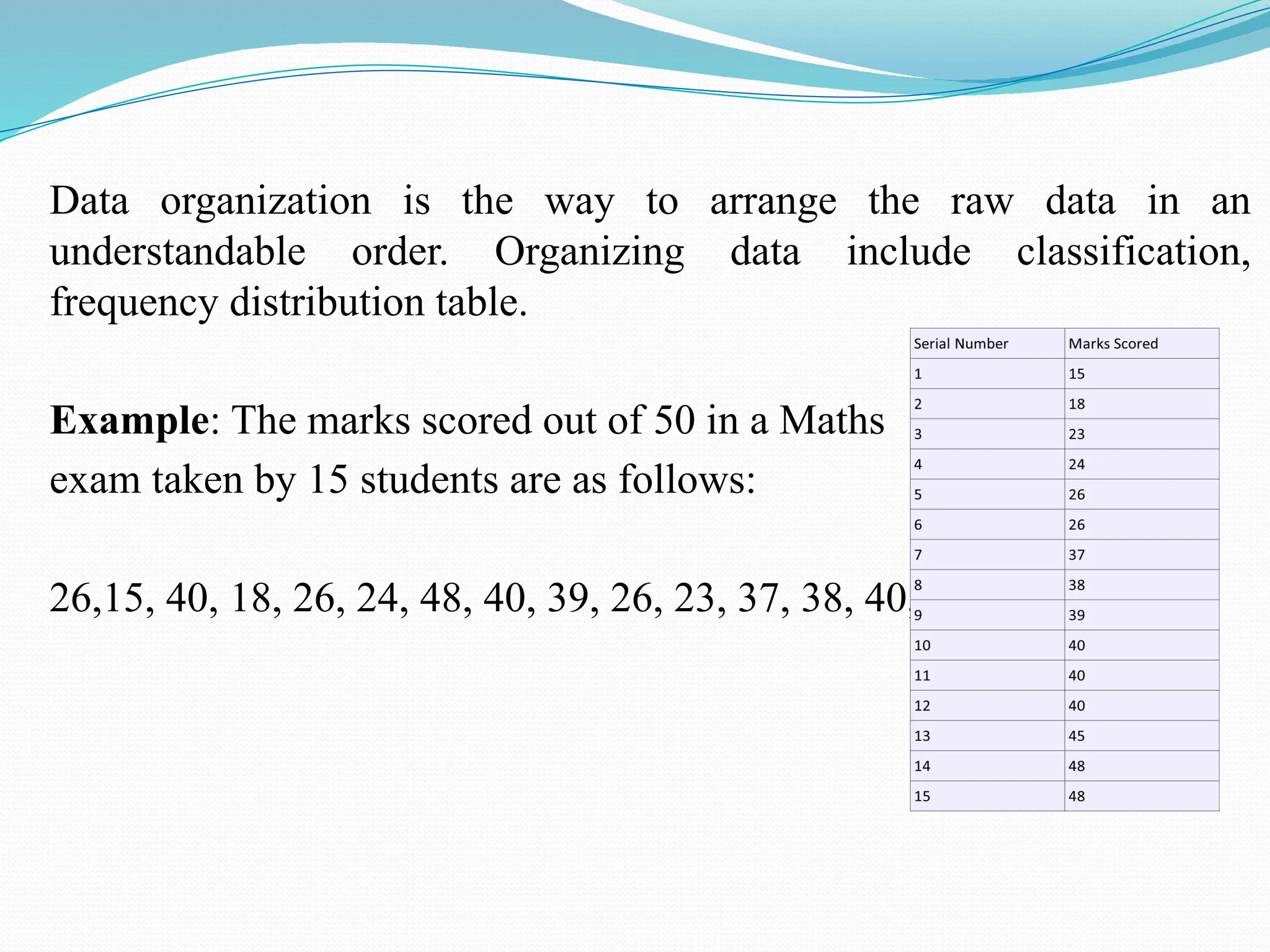 Data organization is the way to arrange the raw data in an
understandable order. Organizing data include classification,
frequency distribution table.
Example: The marks scored out of 50 in a Maths
exam taken by 15 students are as follows:
26,15, 40, 18, 26, 24, 48, 40, 39, 26, 23, 37, 38, 40, 45, 48.
 