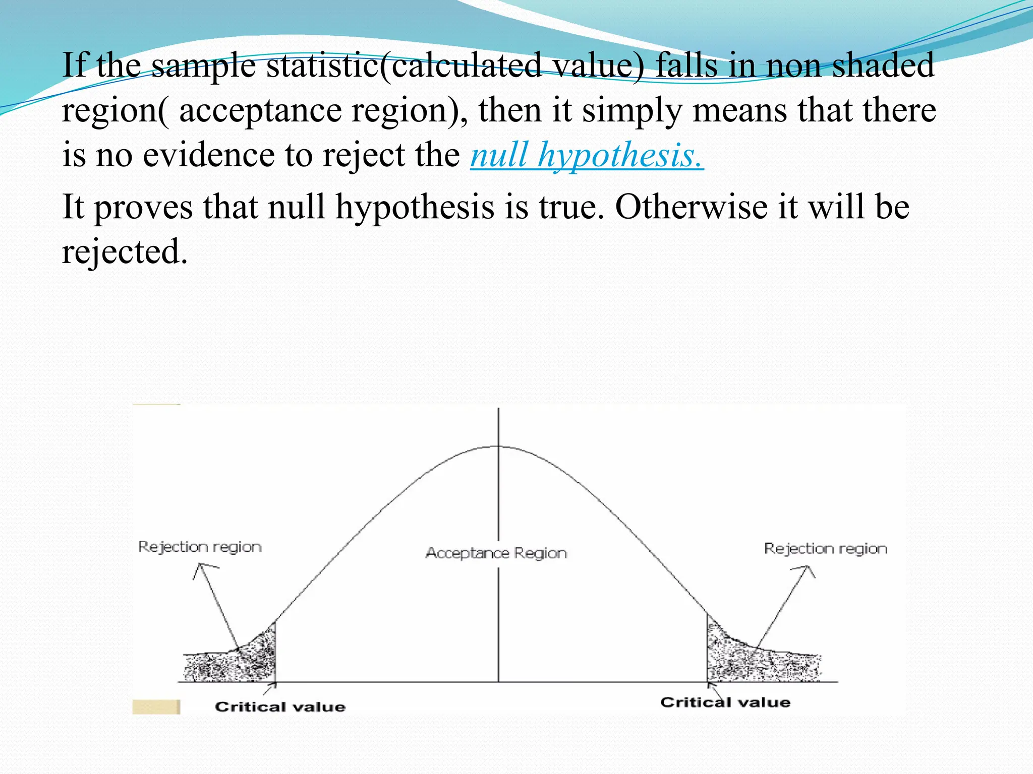 If the sample statistic(calculated value) falls in non shaded
region( acceptance region), then it simply means that there
is no evidence to reject the null hypothesis.
It proves that null hypothesis is true. Otherwise it will be
rejected.
 