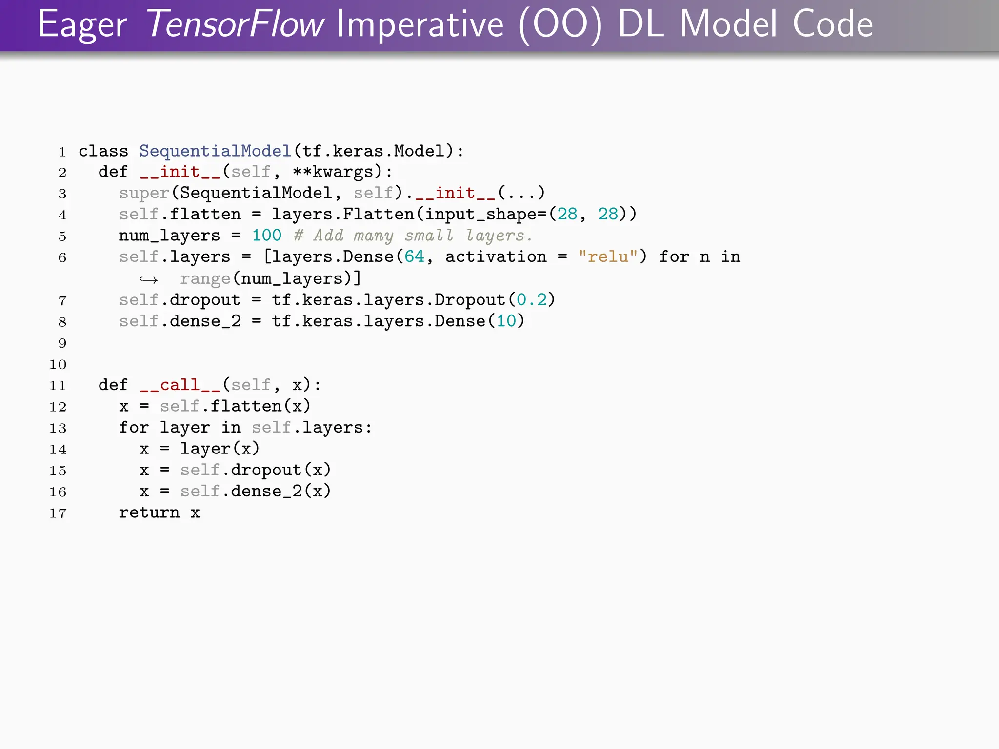 Eager TensorFlow Imperative (OO) DL Model Code
1 class SequentialModel(tf.keras.Model):
2 def __init__(self, **kwargs):
3 super(SequentialModel, self).__init__(...)
4 self.flatten = layers.Flatten(input_shape=(28, 28))
5 num_layers = 100 # Add many small layers.
6 self.layers = [layers.Dense(64, activation = "relu") for n in
range(num_layers)]
,
→
7 self.dropout = tf.keras.layers.Dropout(0.2)
8 self.dense_2 = tf.keras.layers.Dense(10)
9
10
11 def __call__(self, x):
12 x = self.flatten(x)
13 for layer in self.layers:
14 x = layer(x)
15 x = self.dropout(x)
16 x = self.dense_2(x)
17 return x
 