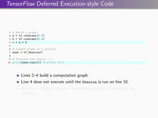 TensorFlow Deferred Execution-style Code
1 # Build a graph.
2 a = tf.constant(5.0)
3 b = tf.constant(6.0)
4 c = a * b
5
6 # Launch graph in a session.
7 sess = tf.Session()
8
9 # Evaluate the tensor `c`.
10 print(sess.run(c)) # prints 30.0
Lines 2–4 build a computation graph.
Line 4 does not execute until the Session is run on line 10.
No native support common imperative program constructs, e.g.,
iteration.
 