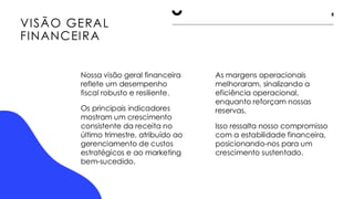 VISÃO GERAL
FINANCEIRA
8
Nossa visão geral financeira
reflete um desempenho
fiscal robusto e resiliente.
Os principais indicadores
mostram um crescimento
consistente da receita no
último trimestre, atribuído ao
gerenciamento de custos
estratégicos e ao marketing
bem-sucedido.
As margens operacionais
melhoraram, sinalizando a
eficiência operacional,
enquanto reforçam nossas
reservas.
Isso ressalta nosso compromisso
com a estabilidade financeira,
posicionando-nos para um
crescimento sustentado.
 