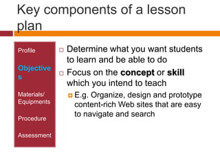 Key components of a lesson planProfileObjectivesMaterials/ EquipmentsProcedureAssessmentDetermine what you want students to learn and be able to doFocus on the concept or skill which you intend to teachE.g. Organize, design and prototype content-rich Web sites that are easy to navigate and search