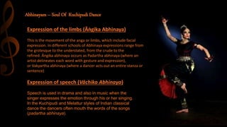 Abhinayam – Soul Of Kuchipudi Dance
Expression of the limbs (Āṅgika Abhinaya)
This is the movement of the anga or limbs, which include facial
expression. In different schools of Abhinaya expressions range from
the grotesque to the understated, from the crude to the
refined. Āngika abhinaya occurs as Padartha abhinaya (where an
artist delineates each word with gesture and expression),
or Vakyartha abhinaya (where a dancer acts out an entire stanza or
sentence)
Expression of speech (Vāchika Abhinaya)
Speech is used in drama and also in music when the
singer expresses the emotion through his or her singing.
In the Kuchipudi and Melattur styles of Indian classical
dance the dancers often mouth the words of the songs
(padartha abhinaya).
 