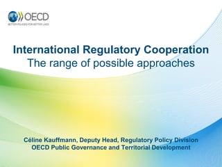 International Regulatory Cooperation
The range of possible approaches
Céline Kauffmann, Deputy Head, Regulatory Policy Division
OECD Public Governance and Territorial Development
 