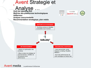 Outil de reporting ROI Maîtrise des plateformes technologiques AdServeur Analyse concurrentielle Recommandation stratégique, plan média RAPPORTS STATISTIQUES TRACKING MULTI-SUPPORTS BID MANAGEMENT - Gestion et optimisation des enchères - Mise en place de stratégie de posi-tionnement, visibilité, de recrutement et de performance. - Liens sponsorisés, achat d’espace, emailing, ShopBot, affiliation… - Suivi des performances de votre campagne en temps réel. - Synthèse précise et détaillée accessible à tout moment Avent  Strategie et Analyse … > 