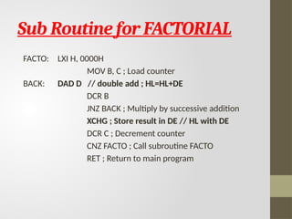 Sub Routine for FACTORIAL
FACTO: LXI H, 0000H
MOV B, C ; Load counter
BACK: DAD D // double add ; HL=HL+DE
DCR B
JNZ BACK ; Multiply by successive addition
XCHG ; Store result in DE // HL with DE
DCR C ; Decrement counter
CNZ FACTO ; Call subroutine FACTO
RET ; Return to main program
 