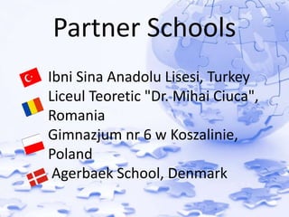 Partner Schools 
Ibni Sina Anadolu Lisesi, Turkey 
Liceul Teoretic "Dr. Mihai Ciuca", 
Romania 
Gimnazjum nr 6 w Koszalinie, 
Poland 
Agerbaek School, Denmark 
 