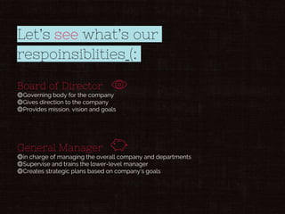 Board of Director
◎Governing body for the company
◎Gives direction to the company
◎Provides mission, vision and goals
General Manager
◎in charge of managing the overall company and departments
◎Supervise and trains the lower-level manager
◎Creates strategic plans based on company’s goals
Let’s see what’s our
respoinsiblities (:
 